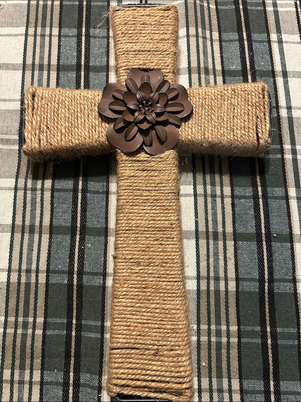 Rustic Jute Wrapped Cross with Brown Flower Accent - Home Accents